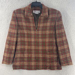 Vtg Carlisle Womens Blazer Jacket Wool Blend Tweet Plaid Sz 12 Zip Boho Office